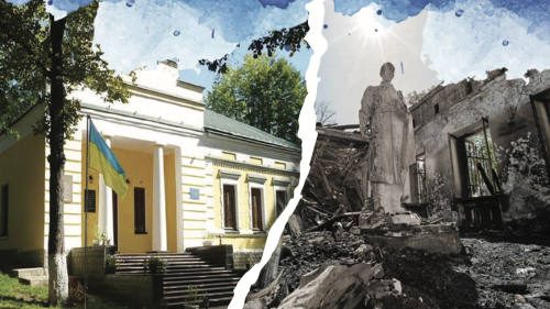 Poster with details about the impermanent exhibit "Ukraine's Museums Under Attack"